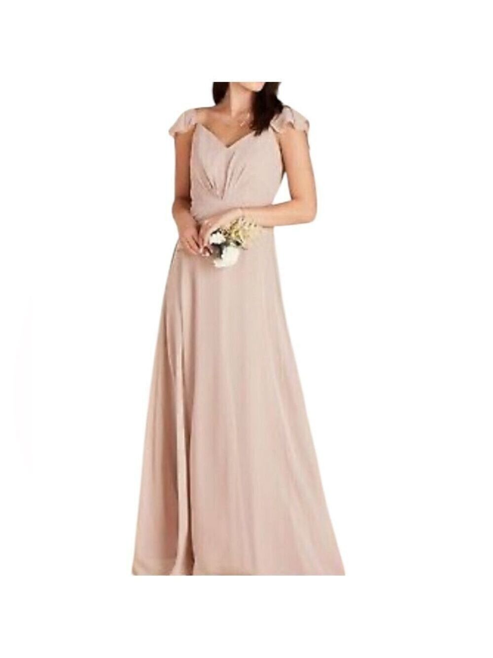 Birdy Grey Kae Bridesmaid Dress Pale Blush Ruffled Flutter Sleeves Pockets NWT S
